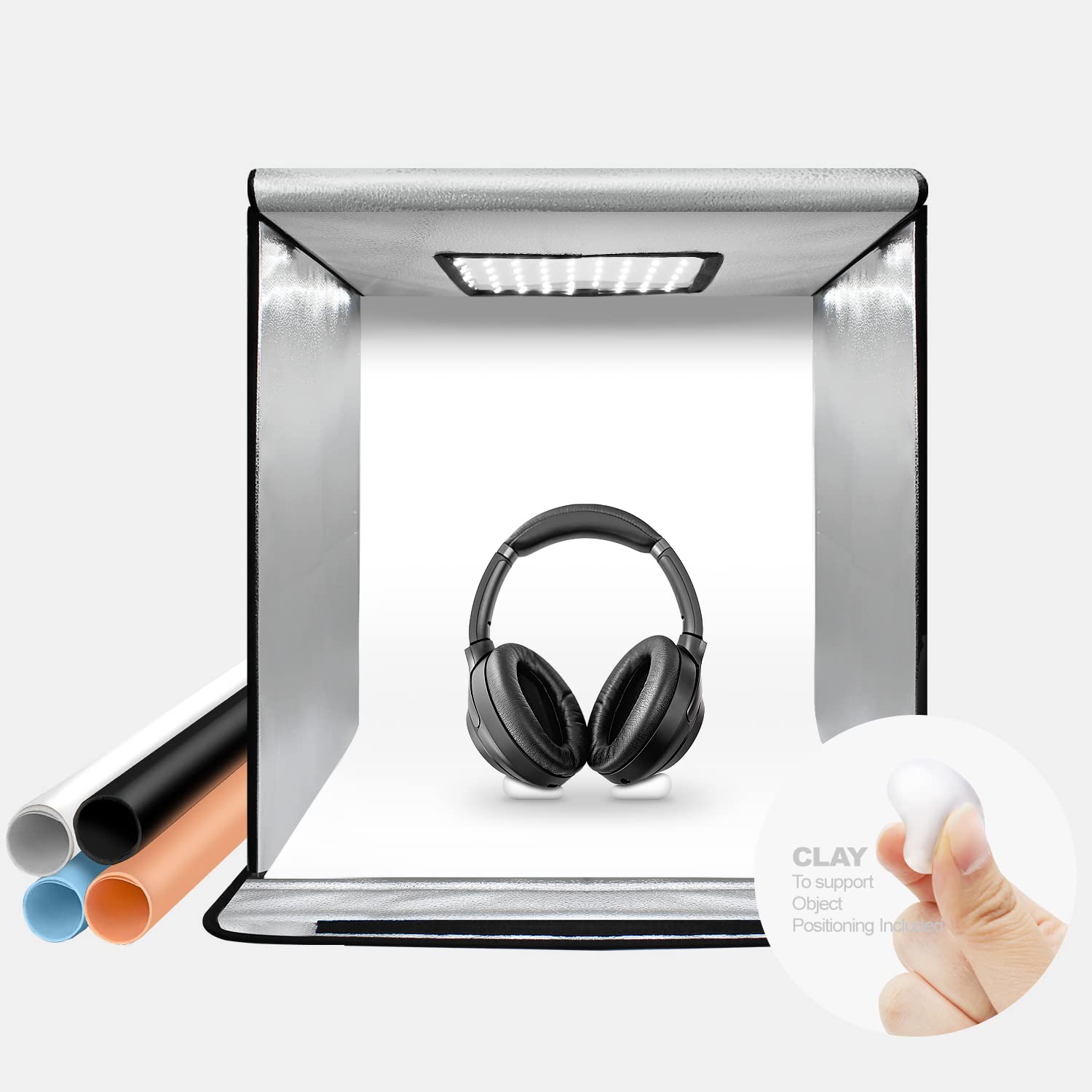 JS JULIUS STUDIOLED Light Box 16 x 16 inch, Transforming Clay for Object Positioning, 60 LED Light Panel, High Brightness 2850LM, Color Temperature 6500K Daylight, JSAG804