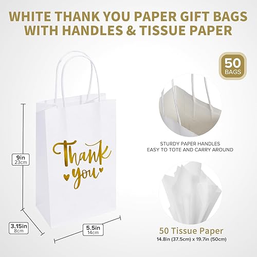 Miniatura 4 de DjinnGlory Paquete de 50 bolsas pequeñas de regalo de agradecimiento de papel de aluminio blanco y dorado con asas y 50 papel de seda blanco para