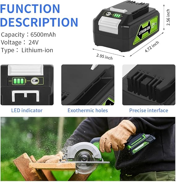 2 Packs 24V 6.5Ah Replacement Battery for Greenworks Battery 29842 29852 BAG709 BAG710 for Greenworks 24V Cordless Tools 20352 22232 2508302