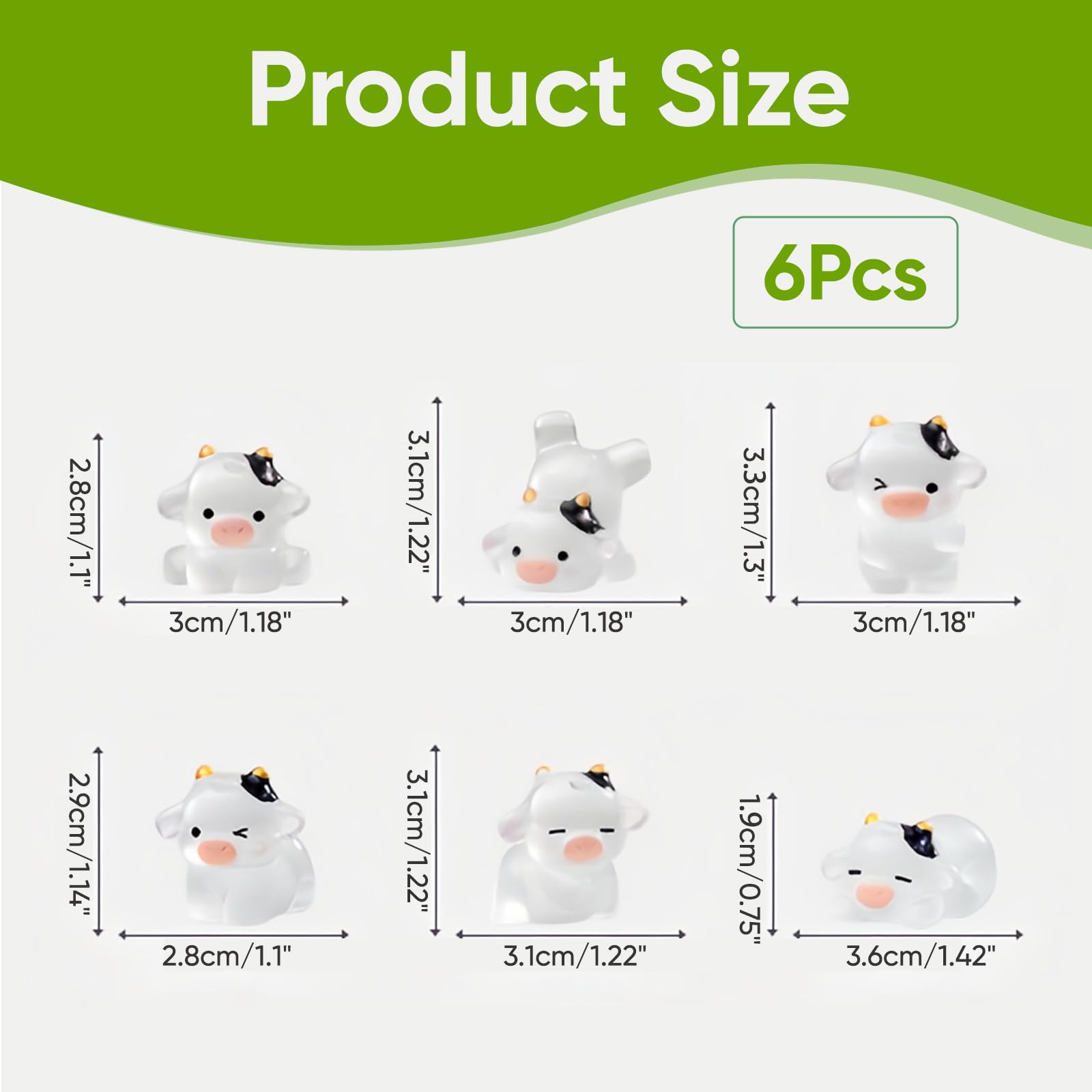6PCS Mini Resin Animals Cow Figurines, Tiny Luminous Resin Animal Figures for DIY Crafts Fairy Garden, Home Decor - Image 2