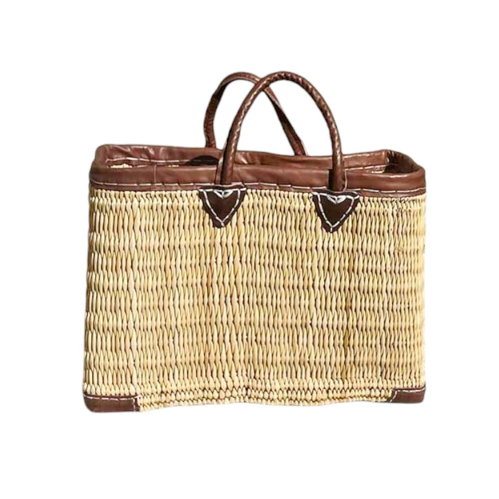 Panier Tressé Cabas de Plage Rectangulaire et Évasé en Jonc Naturel avec Finitions et Poignées en Cuir