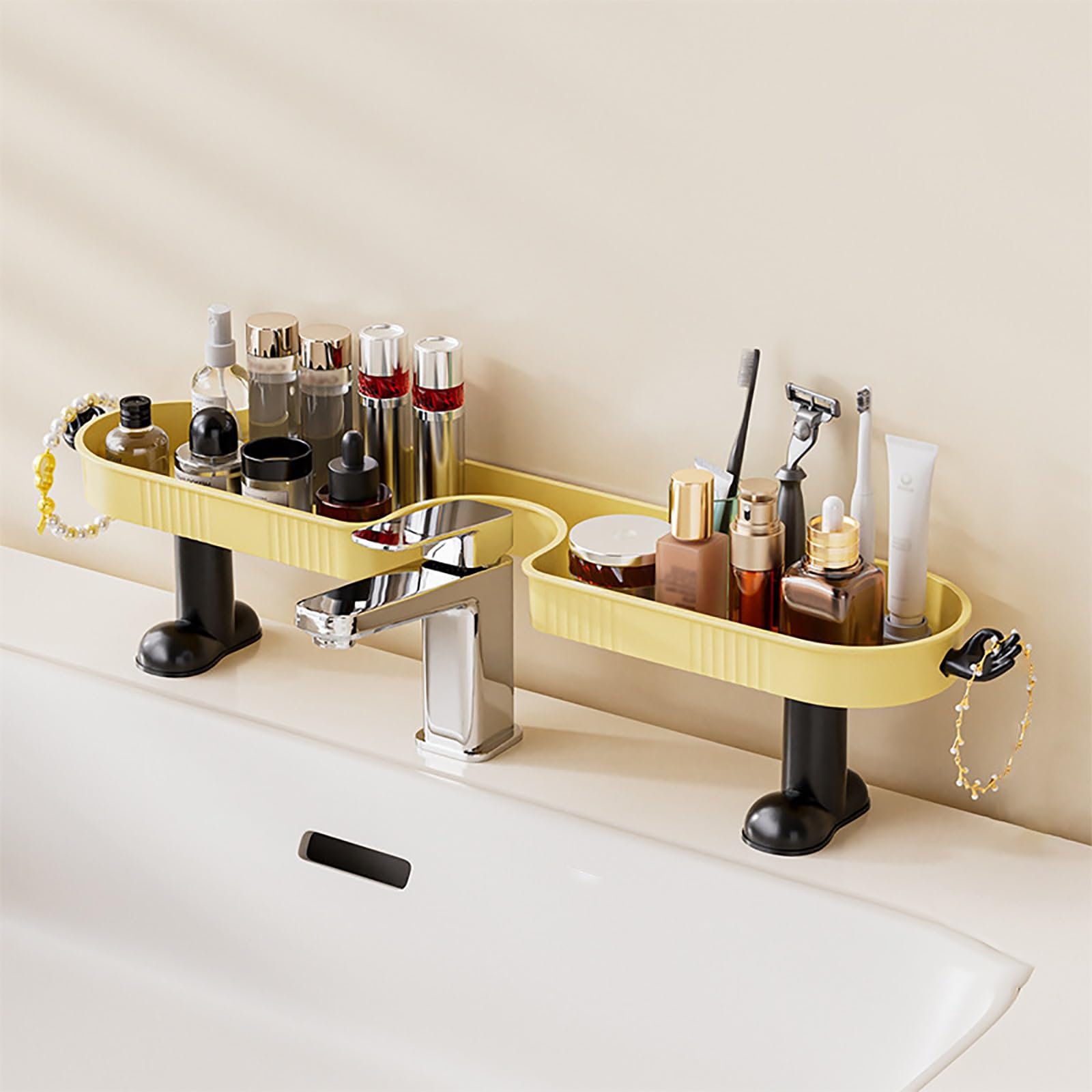 Waschbeckenablage Ohne Bohren, Bad Ablage Über Waschbecken, Durchlässiges und Atmungsaktives Design, Stabil und Belastbar, mit Seitlichen Haken(Yellow)