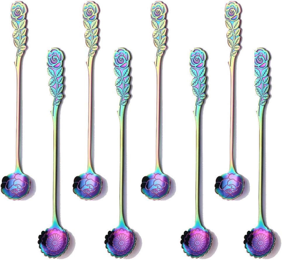 Long Handle 6.9-inch Ice Tea Fancy Spoons Stainless Steel Coffee Spoons Rose Flower Teaspoons Pack of 8 Dessert Spoons Cocktail Stirring Spoon for Mixing Drinks Appetizer Kitchen Dinning Bar(colorful)