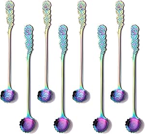 Long Handle 6.9-inch Ice Tea Fancy Spoons Stainless Steel Coffee Spoons Rose Flower Teaspoons Pack of 8 Dessert Spoons Cocktail Stirring Spoon for Mixing Drinks Appetizer Kitchen Dinning Bar(colorful)