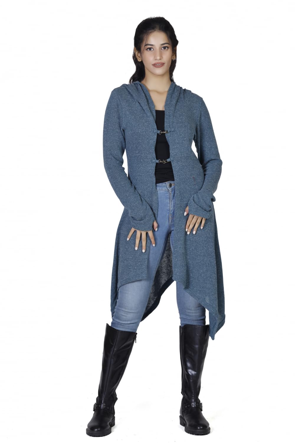 GURU SHOP Lange Strickjacke, Strickmantel mit Kapuze, Damenmode, taubenblau | Legere Passform, Baumwolle, Daumenloch, übergroße Kapuze, angenehm zu tragen