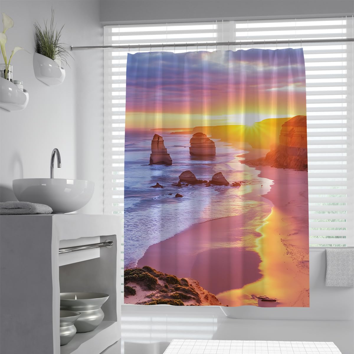 UERWOWELL Pink Sunset Ocean Beach Nature Scenery Shower Curtain Tropical Stone Island Landscape Waterproof Polyester Fabric Bathroom Decor with Hooks W180xL200 cm