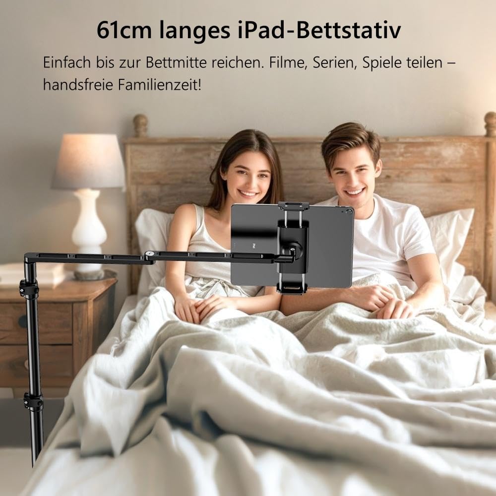 elitehood Verstellbarer iPad Bodenständer mit Schwerlast-Standfuß, 61 cm Horizontaler Langer Arm Tablet Ständer Halterung für Bett & Sofa – Kompatibel mit iPad mini/Air/Pro 12.9" und 4.7-13" Geräten