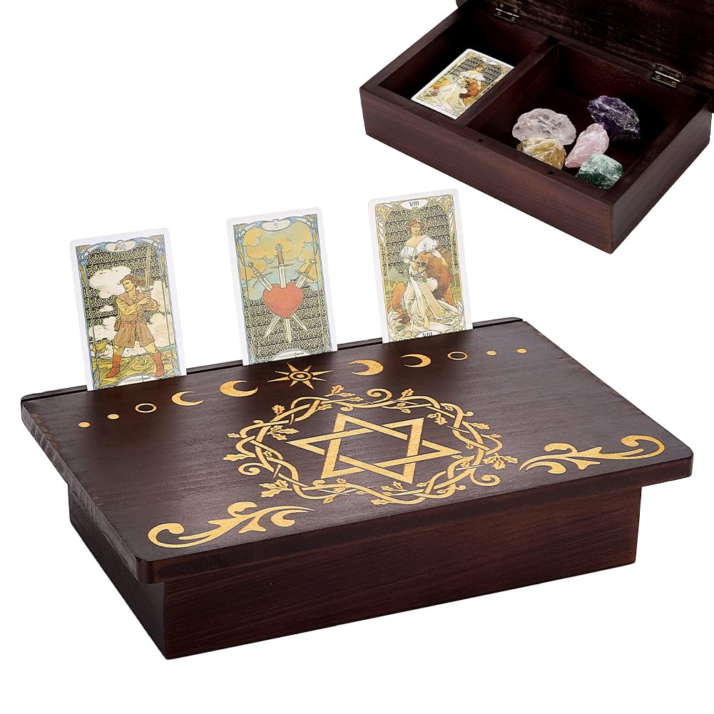 PH PandaHall Altar Table, 1.8x7.9x2.7in Wooden Meditation Storage Box Pentagram Moon Wiccan Tables Meditation Table with Storage Space and Card Holder Travel Altar for Mystic Decor Witchcraft Supplies