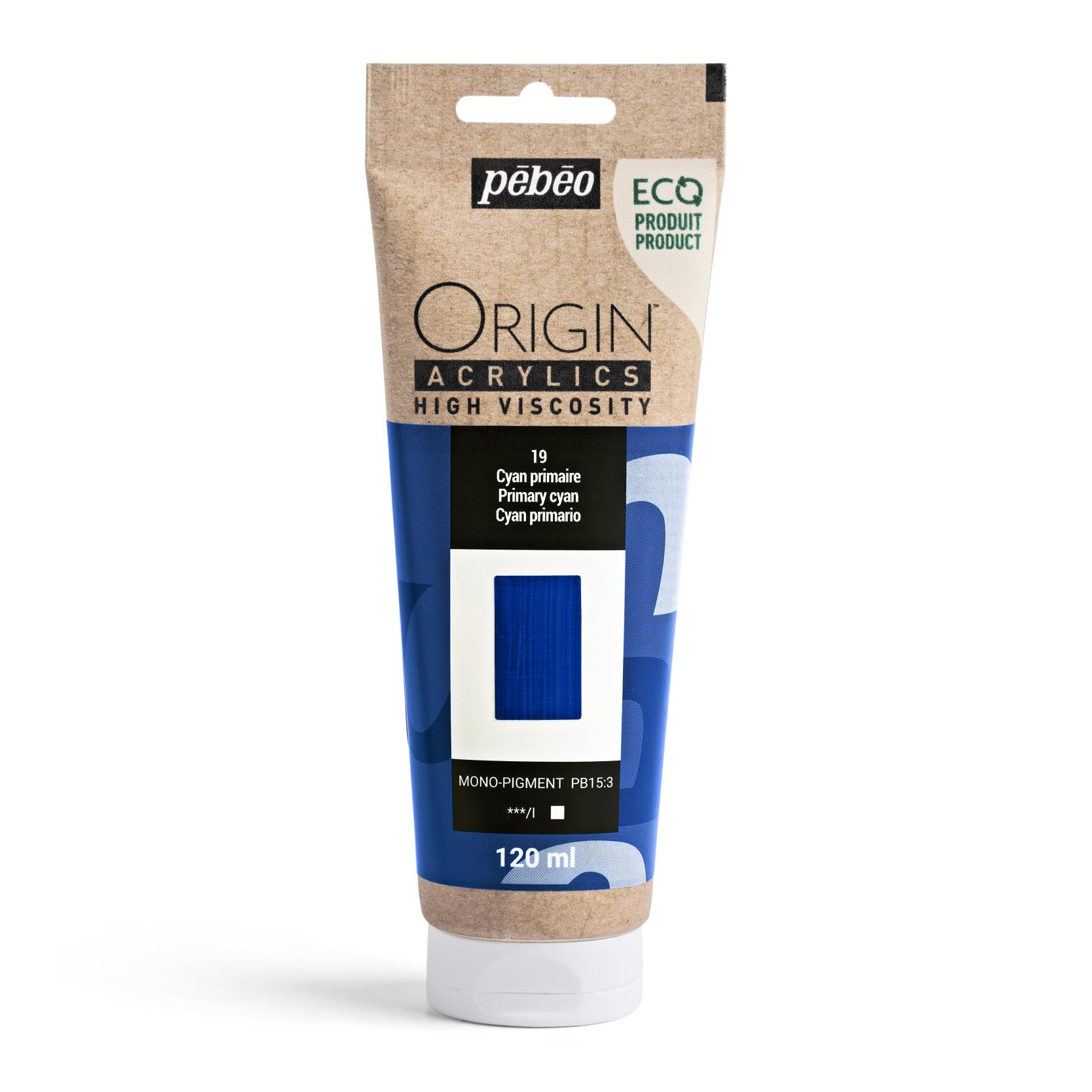 PEBEO - Origin Acrylics 120 ml - Eco-designed Acrylic Paint - High Viscosity - Matt Finish - 100% Recycled Binder - 96% European Raw Materials - Primary Cyan