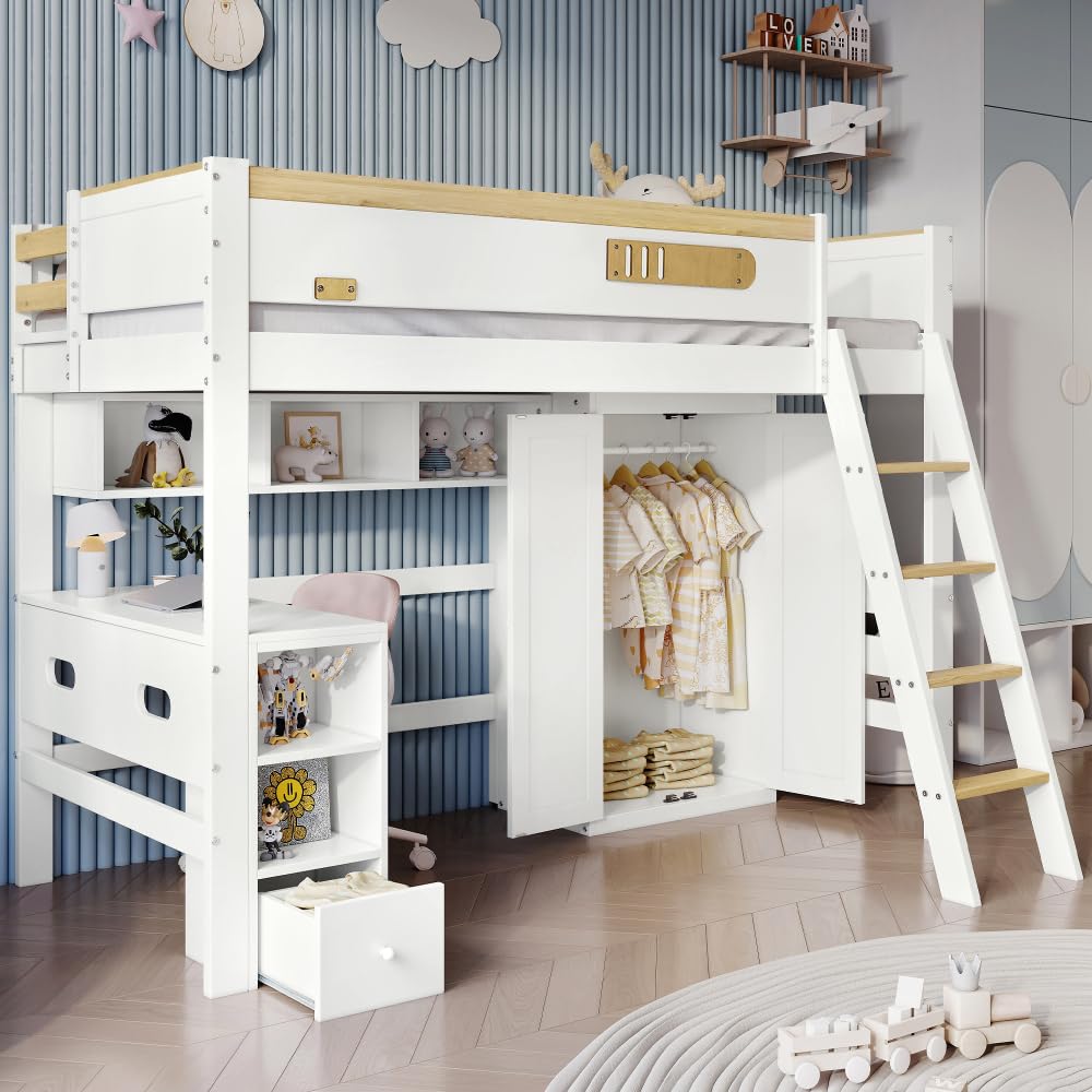 Litera para niños con rejilla anticaídas, estante de armario y escalera para habitación infantil