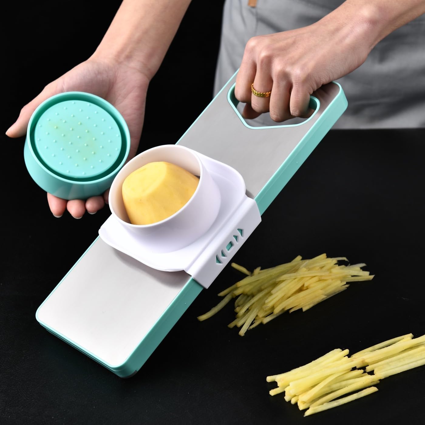 Upgrade your kitchen with safe mandoline slicer, adjustable settings for various food preparations, including vegetable chopping and potato fry cutting removable draining basket