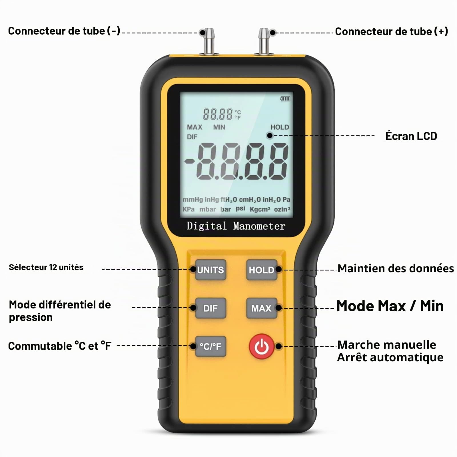 Manomètre numérique professionnel, manomètre HVAC manuel 12 unités sélectionnables, testeur de gaz à double port avec rétroéclairage (batterie incluse)