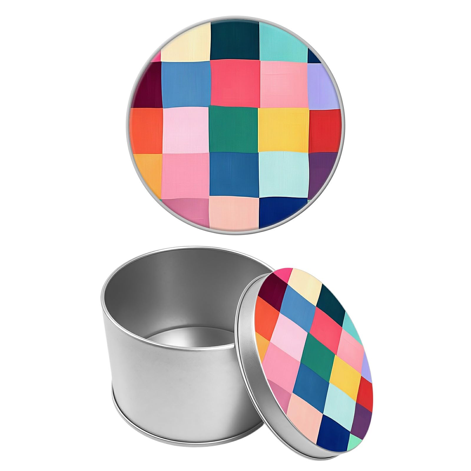 Round Metal Tin Container with Removable Lid, Colorful Checkered Durable Metal Storage Box for Cookies Spices Tea Candies Cakes Jewelry Cosmetics 3.54 x 2.36 inch– Single Pack