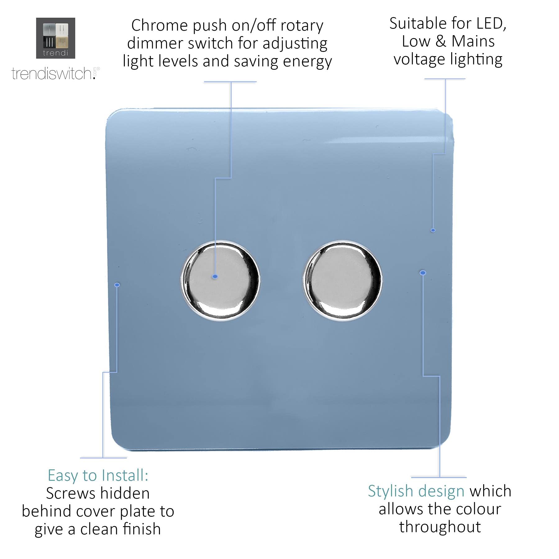 Trendi Artistic Modern Glossy Tactile 2 Gang 2 Way 120w LED Dimmer Switch Sky - Image 2