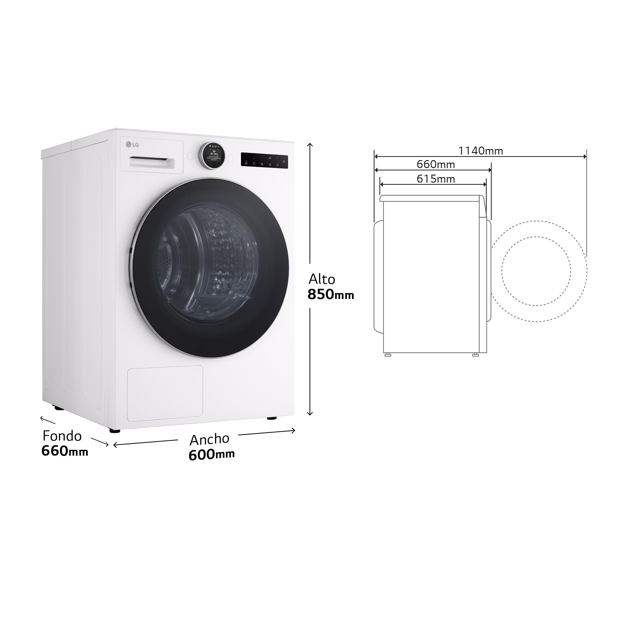 LG RHX7009TWS - Secadora con Inteligencia Artificial 9 kg, Bomba de Calor Dual Inverter, Eficiencia B, Serie 700, Tecnología AI Dry, Eco Hybrid, Conectividad Wi-Fi ThinQ, Blanco