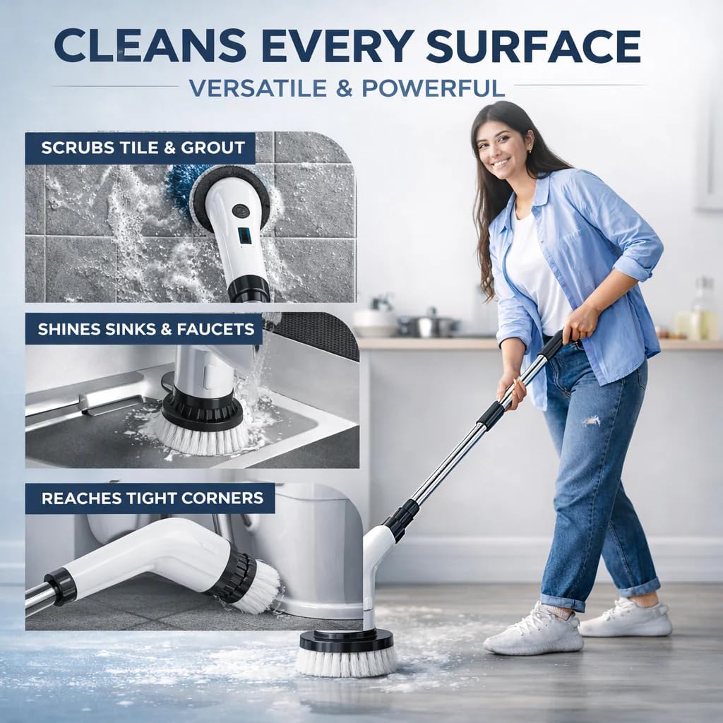 Sumoria Scrubber, Electric Spin Scrubber 400 RPM, Cordless Power Scrubber with 8 Replaceable Brushs, Waterproof Ipx7 for Bathtub, Kitchen, Window (1 Set)