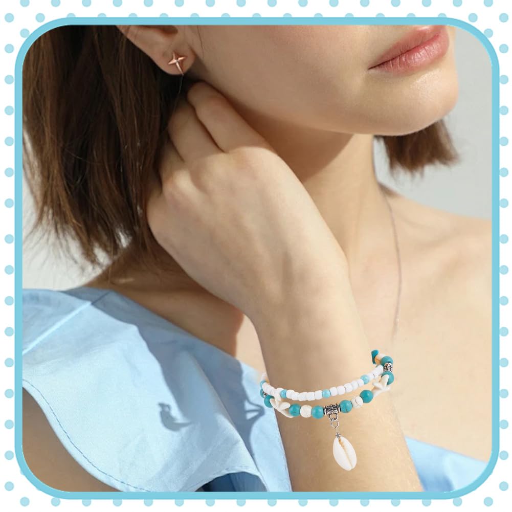 SUNNYCLUE Juego de 7 pulsera de Tortuga Marina con Turquesas para Mujer, Estilo Océano, Verano, Hawái, Concha de Cauri, Cuentas de Cristal Turquesa, Estilo Tibetano, Playa, Multihebra, Joyería de la A