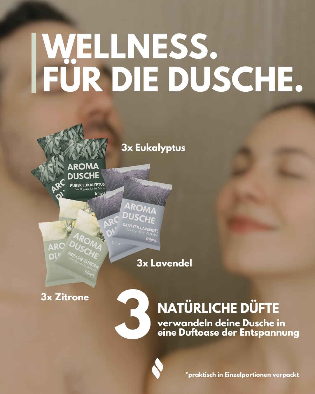 frihed.® Aromaduschen – 6 Duschtabs - Duschbomben mit ätherischen Ölen (Zitrone, Eukalyptus, Lavendel) – Spa‑Feeling für Dusche, Bad & Sauna – Geschenkideen (Lavendel, Zitrone, Eukalyptus)