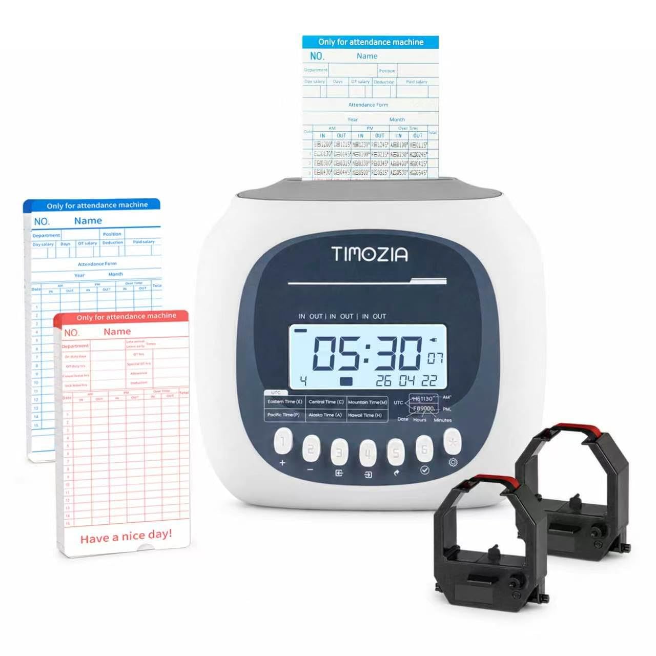 Photo 1 of TIMOZIA Time Clock for Employees Small Business, 6 U.S. Time Zones, Automatic Daylight Saving & Auto Time Update, Punch Card Time Recorder with 6 Punches Per Day-50 Time Cards and 2 Ribbons
