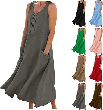 Yihaojia Womens Summer Gauze Dress Cotton Linen 2026 Trendy Sleeveless Scoop Neck Dress Loose Flowy Beach Vacation Sundress