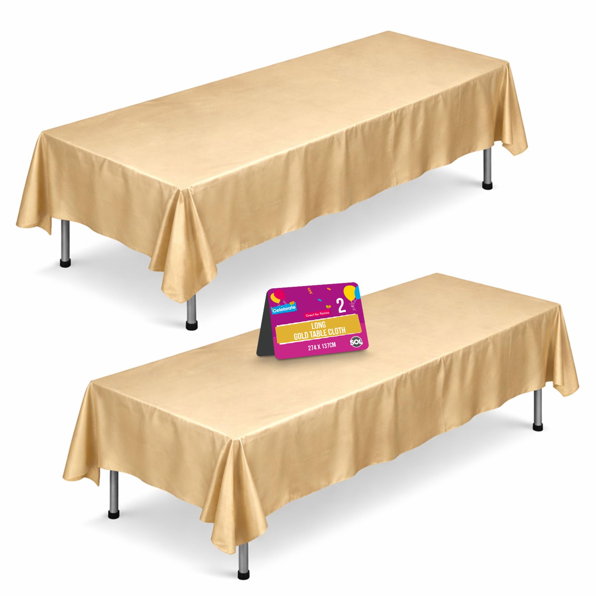 Sol Gold 2Pk Long Table Cloth Party 274X137cm Plastic Cover Disposable Tablecloths For Parties - Spill Protection - Great For Weddings, Buffets, Catering, Restaurants, Outdoor Events & Celebrations
