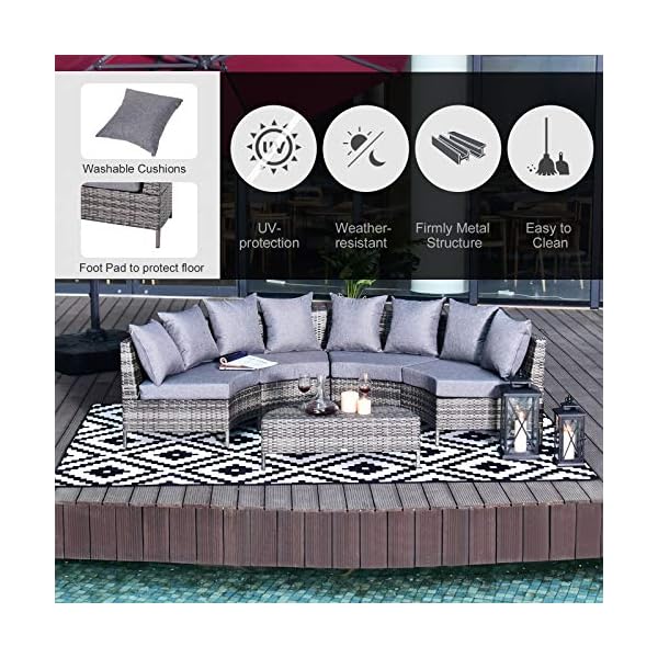 Outsunny Rattan Garden Furniture 4 Seaters Half-round Patio Outdoor Sofa & Table Set Wicker Weave Conservatory Cushioned Seat with Pillow - Grey - Image 5