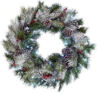 SPARKLES 24" (61cm) Light Up LED Green Snow Frosted Christmas Xmas Wreath Door Decoration, Polyester, Neutral, one Size