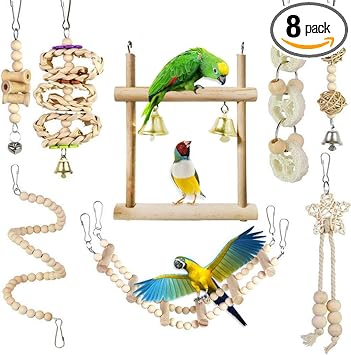 VolksRose 8 Packs Bird Toys Parrot Swing Toys, Chewing Hanging Bell Pet Birds Cage Toys Suitable for Small Parakeets, Conures, Love Birds, Cockatiels, Macaws, Finches