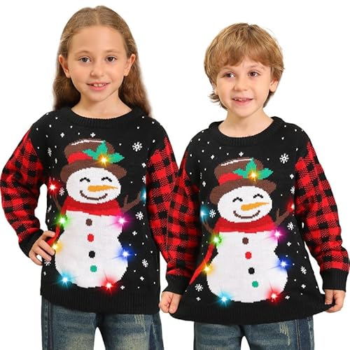 Kouric Jersey Navideño Niño con Luces,Jersey Navidad Niño/Niña con Estampado de Reno en la Nieve,Ugly Christmas Sweater,Jerseys Navideños con Luces,Suéter Navideño Gracioso,Christmas Jumper