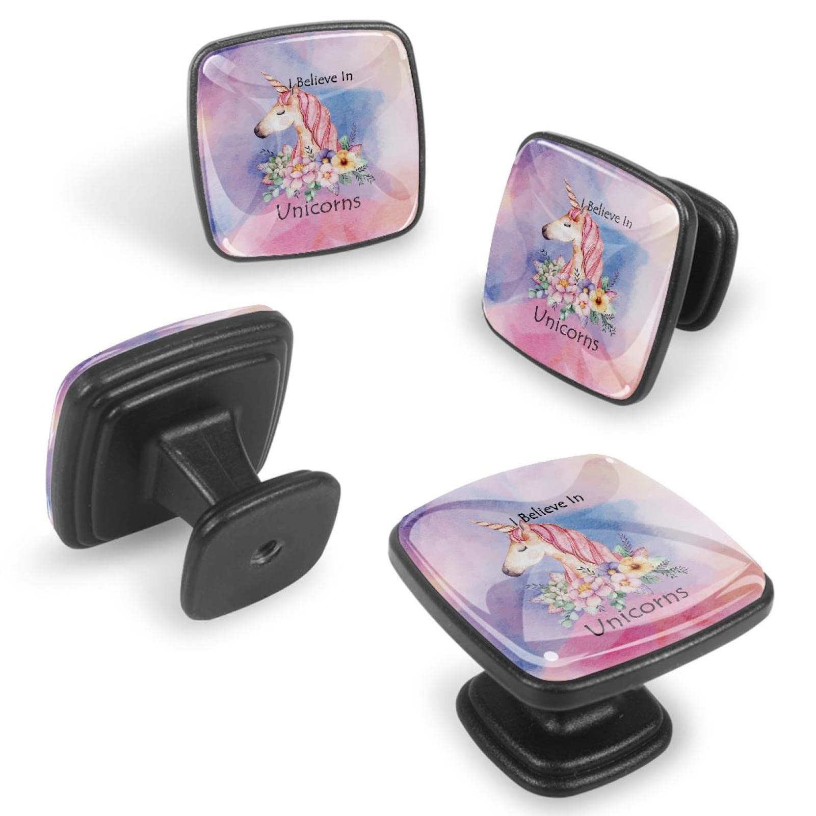 Boutons de tiroir en verre Licorne Dessin Animé Fleur Rose TBOUOBT x12
