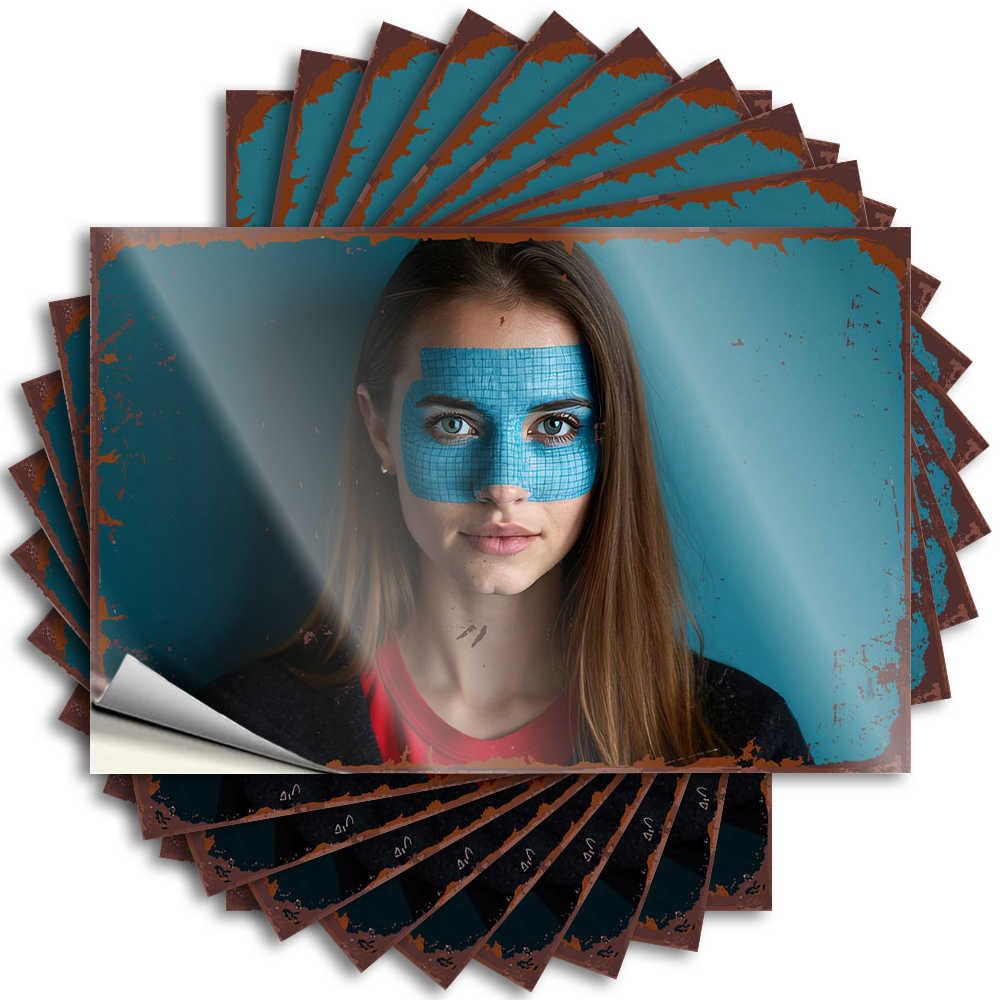 Fzfn Colour Blue Grid Masked Woman With Red Shirt Against Blue Background Sticker Guys | Vintage Helmet Removable Decal Pack(12X18cm)