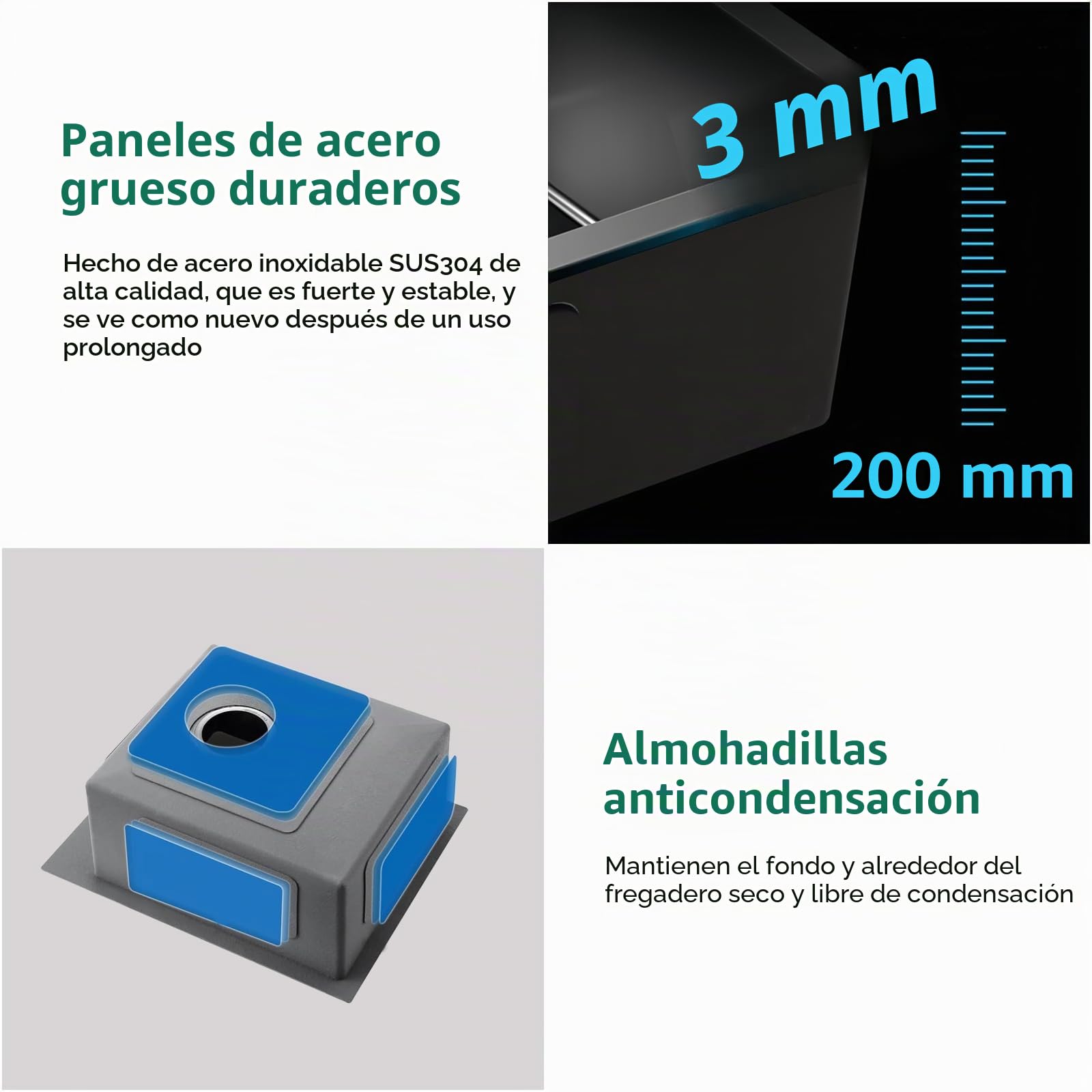 Fregadero Cocina 38 x 50 cm, Fregadero Negro Bajo Encimera, Acero Inoxidable, Con Accesorios de Drenaje y Escurreplatos, Ideal Para Cocinas Pequeñas, Bares o Lavaderos (38x50cm)
