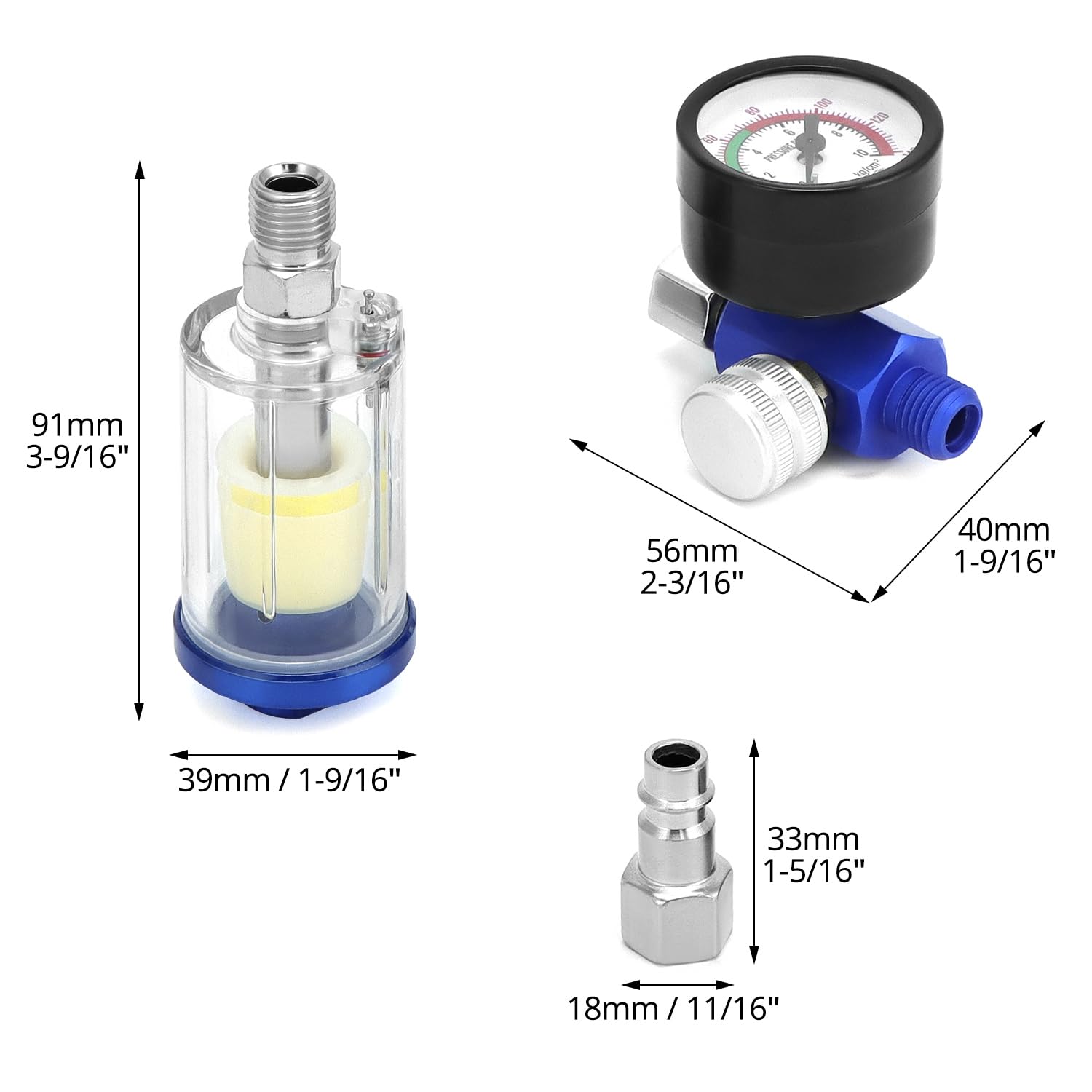 QWORK® Regulator ciśnienia powietrza do pistoletu lakierniczego, manometr + filtr separacyjny z wodą i olejem + standardowy gwint 1/4, max. 140 psi