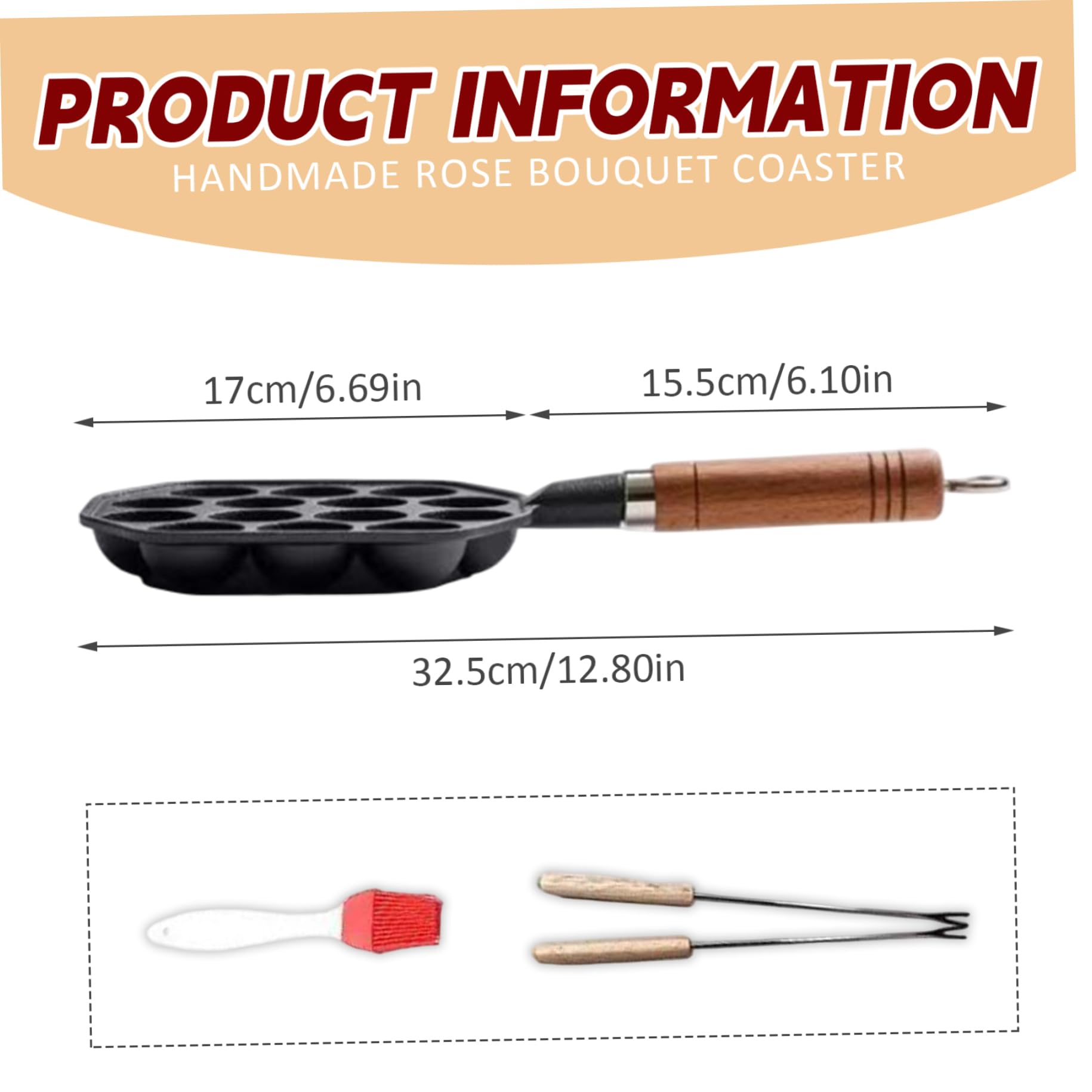 1 Set Takoyaki Pan with Hanging Handle, 14 Holes Nonstick Takoyaki Maker with Fork & Oil Brush, Easy to Clean Baking Pan for Poffertjes Pancake Balls, Griddle Pans