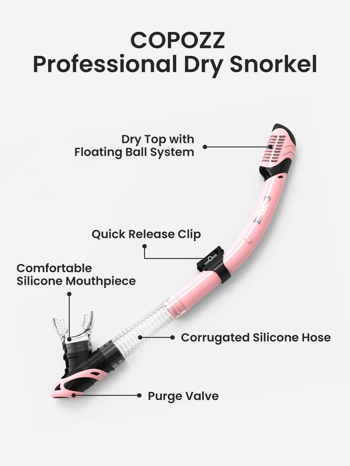 COPOZZ Dry Snorkel, Diving Snorkel for Snorkeling Scuba, Snorkel Gear with Top Dry Valve and Food Grade Silicone Mouthpiece for Adult Youth (Black-Pink)