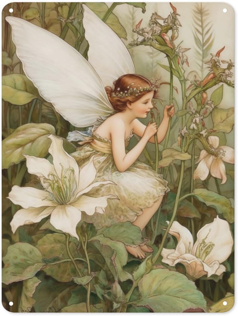 Material_tin15 Retro Cute Fairy Flower Fairies Metal Tin Sign Vintage Flowers Floral Nature Plants Kitchen Garden Wall Decor For Home Garden Bars Restaurants Cafe Pubs 8X12 Inch