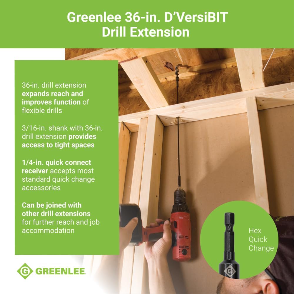 Greenlee 921-36 3/16" x 36" Quick Change D'VersiBIT Flexible Drill Extension for Tight Areas, 3/16" x 36" Extension Drill Bit for 1/4" Quick Change Accessories