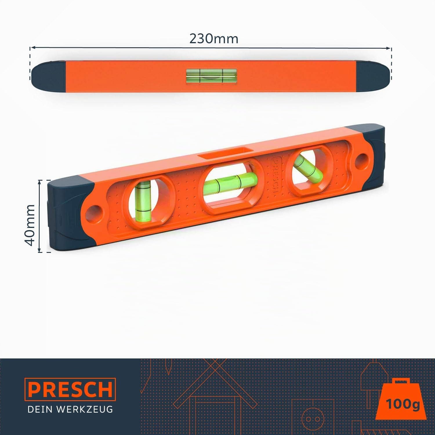 Presch livella a bolla piccola da 230mm con magnete - Livella infrangibile con 3 livelle per professionisti dell'edilizia