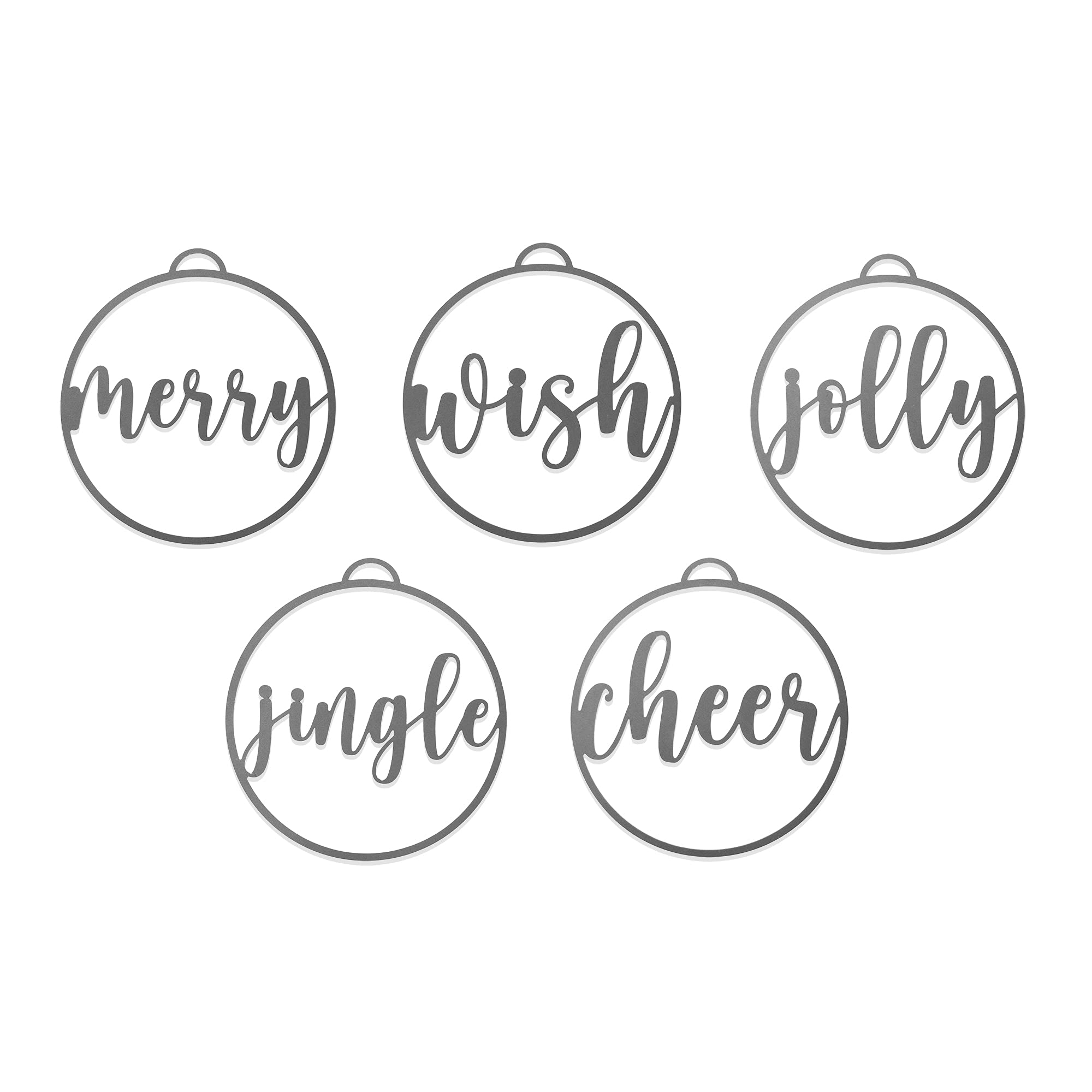 ROCC RUSTED ORANGE CRAFTWORKS CO.Jolly Christmas Ornaments - 5 Pack Variety - Jingle, Cheer, Merry, Wish, Jolly - 4" Tree Ornament - Traditional Modern