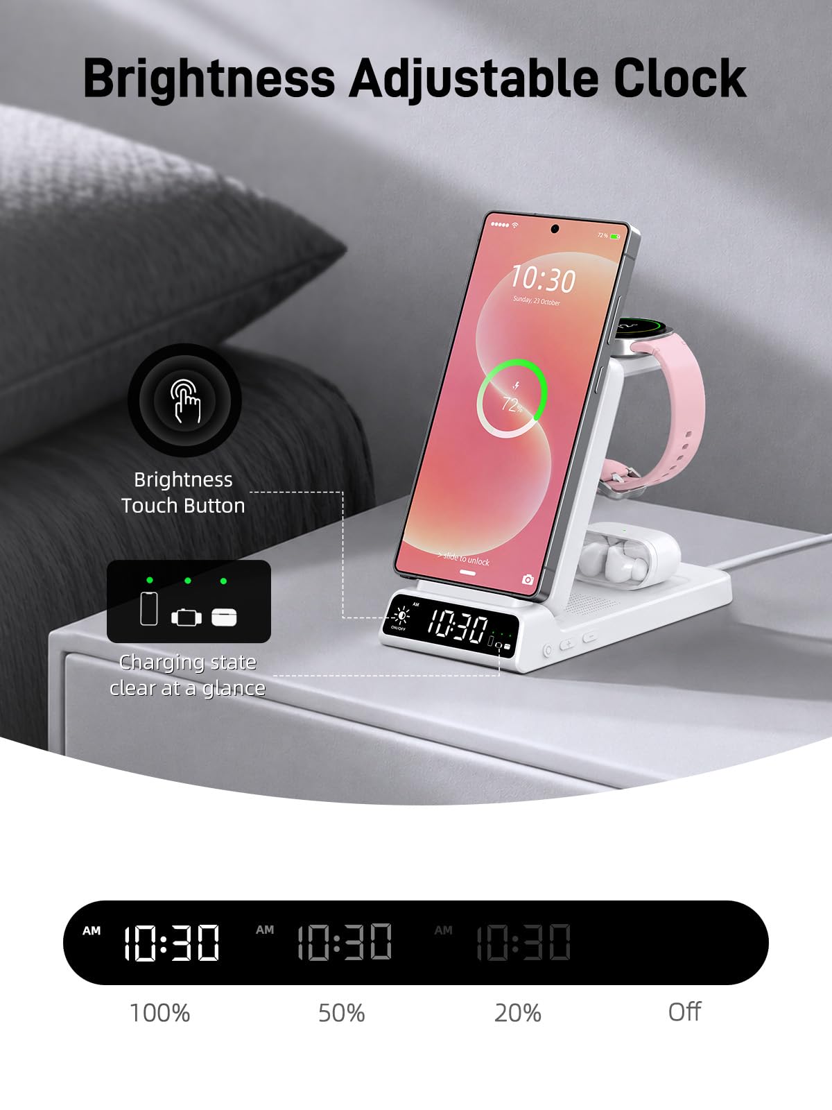Chargeur Induction pour Samsung Galaxy S26/S25/S24/Z Flip 7/Fold 6 Charge 3 en 1, Chargeur Montre pour Samsung Galaxy Watch Ultra/8 Classic/7/6, Chargeur sans Fil pour Galaxy Buds 4/3 (Blanc)