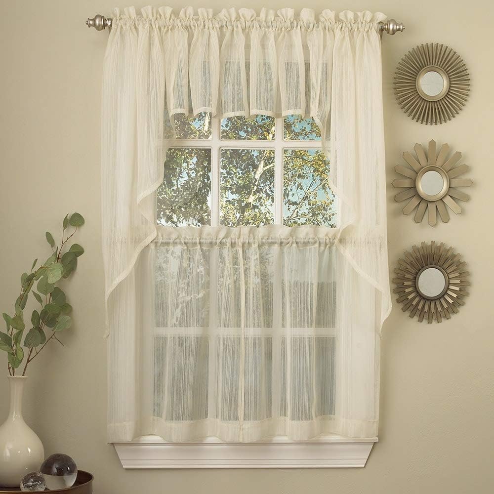 Ivory Micro-Striped Semi Sheer Window Curtain Pieces - Tiers, Valance and Swag Options 36 INCH TIER PAIR