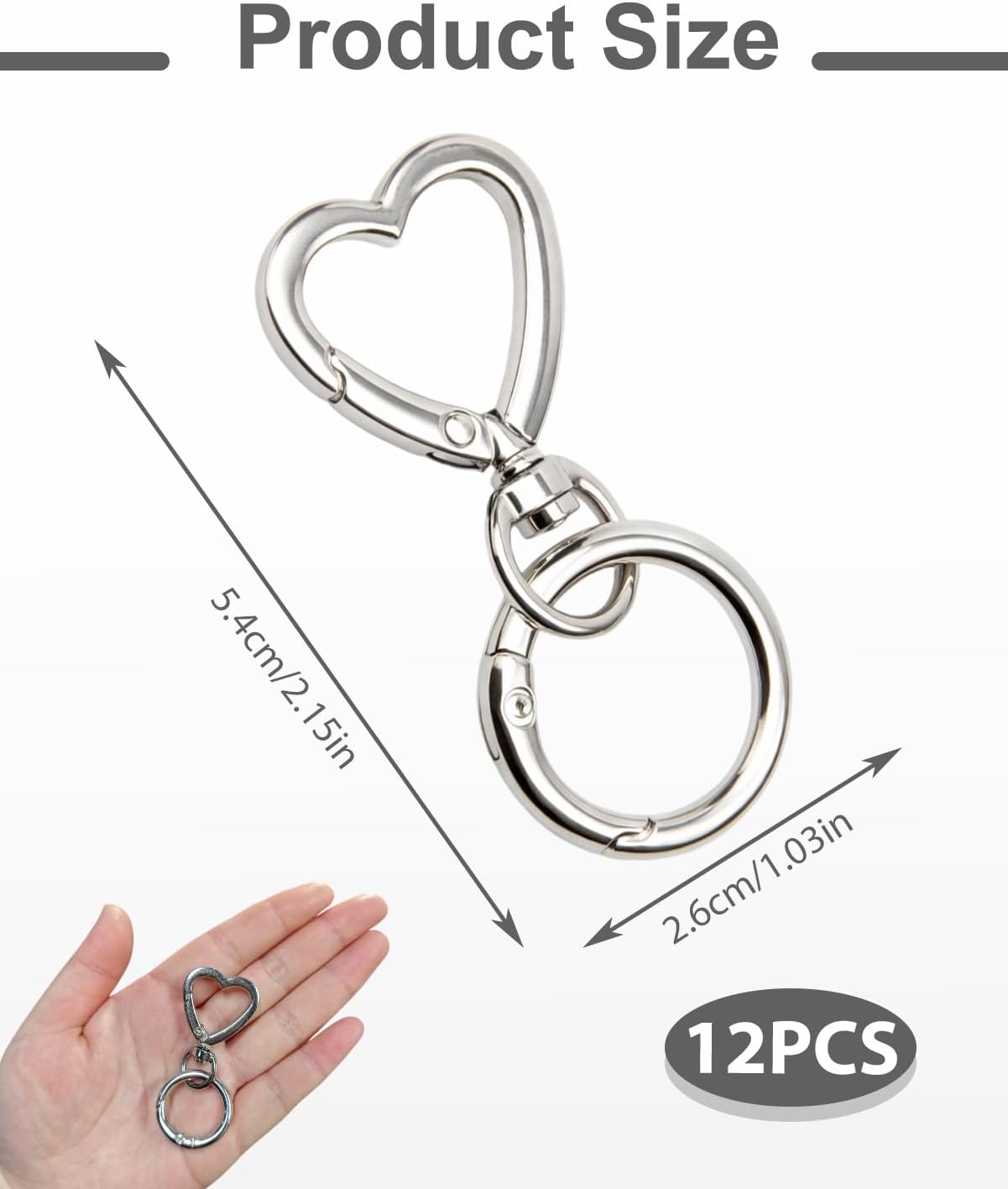 12Pcs Heart Carabiner Double Opening Snap Hooks Swivel Lobster Clasp Keychain Clip, Alloy Dual Spring Hook for Lanyard (12PC Silvery) - Image 2