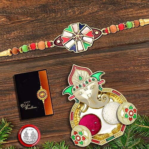 Image of Periapt (K1 416 AA3) Rakhi Combo with Pooja Coin, Shri Ganesh Pooja Thali / Tilak Set & Greeting Card, rakhi thali, rakhi for brother and bhabhi, Men fancy rakhi, rakhi for brother kids, Rakhi with plate, rakhi for brother kids, rakhi set of 1