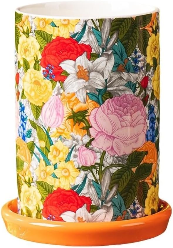 WAIT FLY Floral Porcelain Kitchen Utensil Holder with Bottom Flatware Storage Organizer Utensil Crock for Countertop Kitchen Counter Decor-Purple