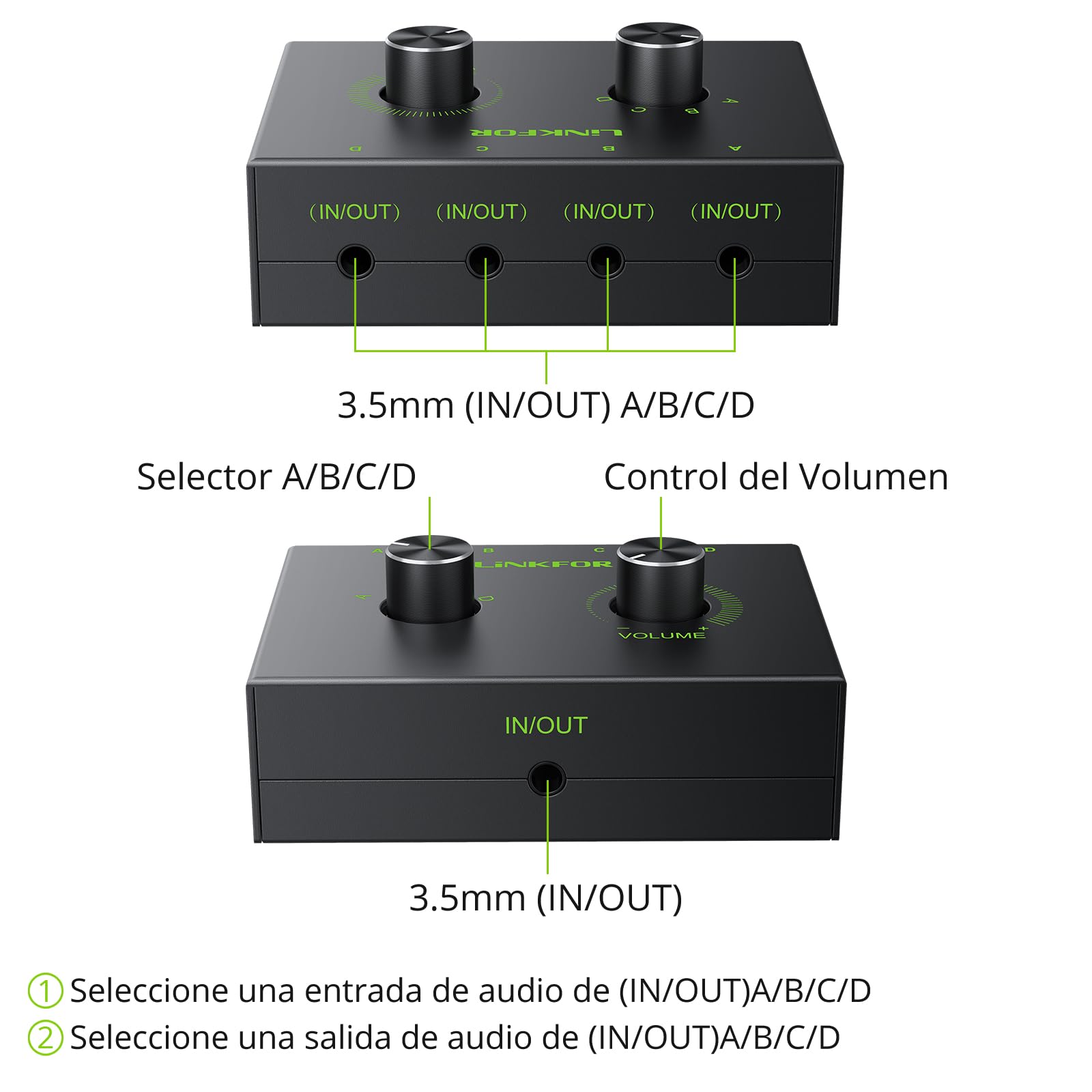 LiNKFOR Conmutador de Audio 3,5 mm bidireccional,4 Puertos Selector de Audio 4(1) in-1(4)-out con Audio de 3,5mm Cable,Switch Audio Jack 3,5 para Altavoz,PC, Teléfono,Auriculares