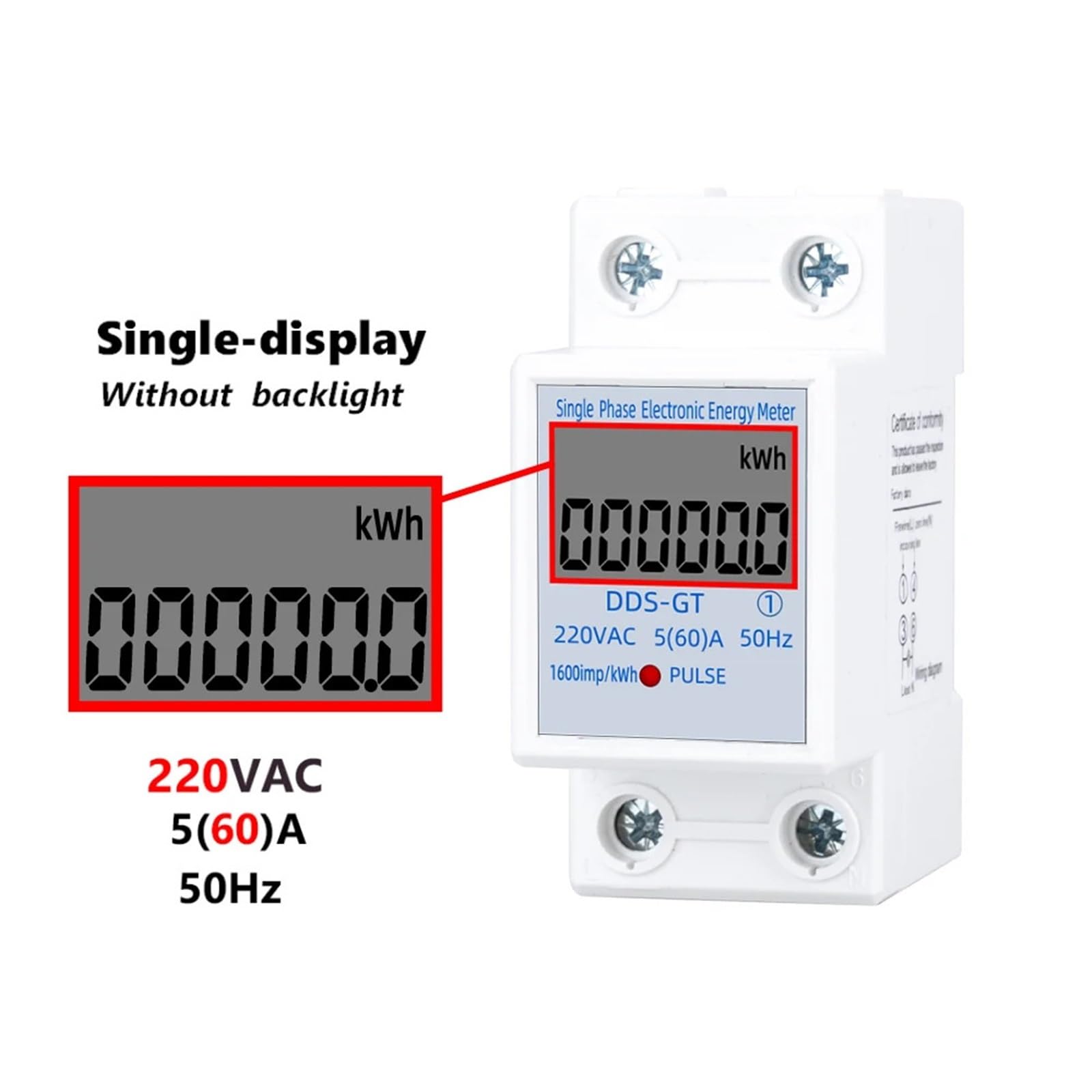 Jednofazowy dwuprzewodowy cyfrowy licznik energii, wyświetlacz LCD na szynę Din, zużycie energii KWh, watomierz elektryczny 230VAC 60A 50Hz