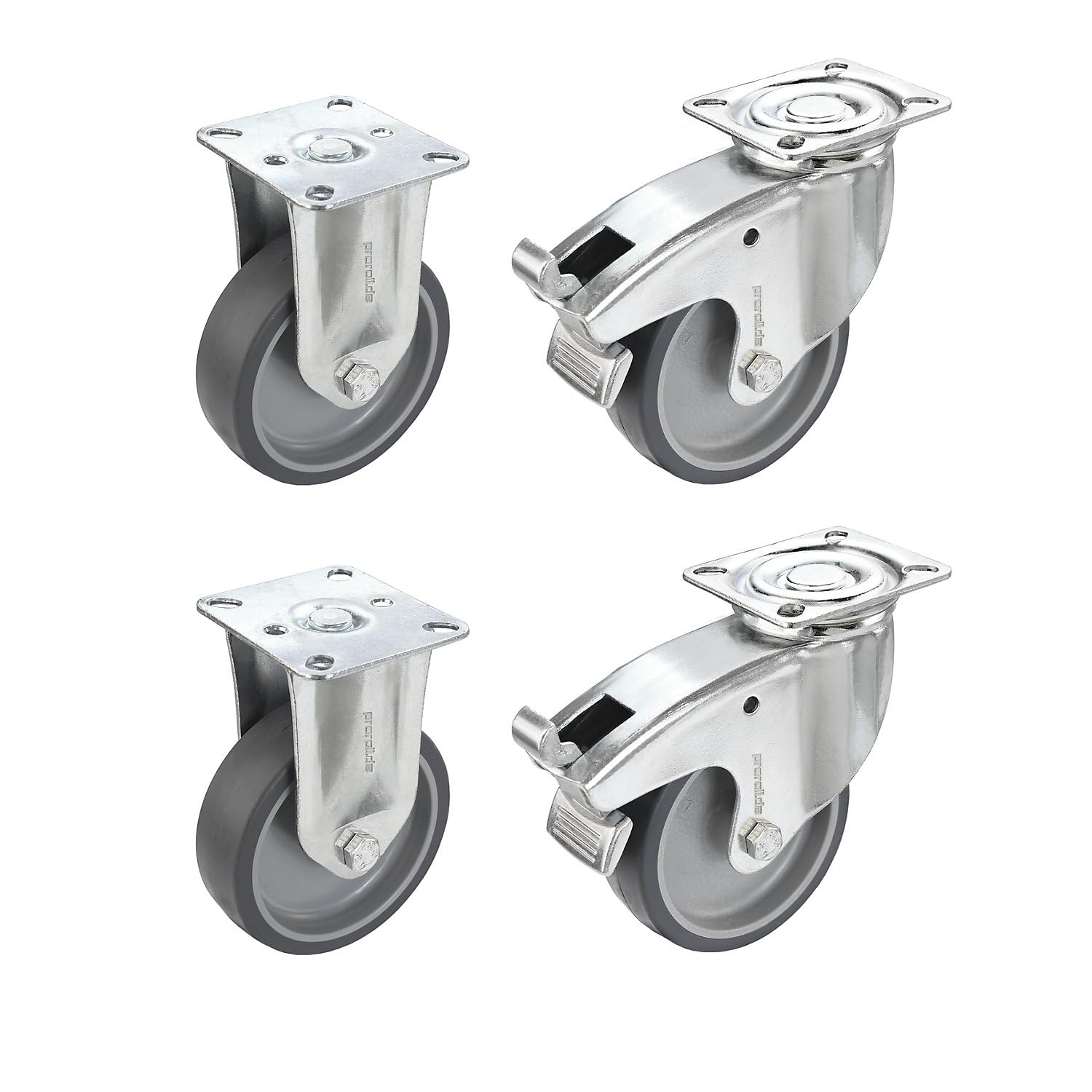 Set di ruote in gomma termoplastica | con piastra di montaggio | 2 rotelle pivottanti con fermo doppio e 2 rotelle a supporto fisso | Ø x larghezza ruota 75 x 25 mm | Con piastra di montaggio, 2 rotelle pivottanti con fermo doppio e 2 rotelle a supporto f