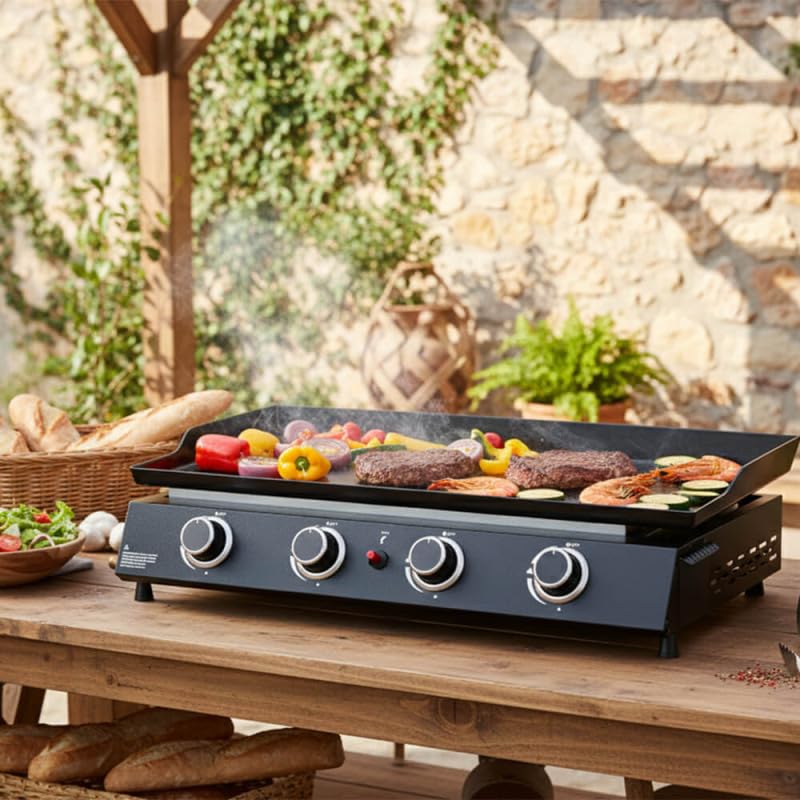 BRASERO BY FAVEX - Plancha gaz Alma 4 feux - Plaque en acier émaillé - 4 brûleurs - Piezo mécanique - Puissance 9,6 kW - Surface de cuisson 77,5 x 33,8 cm - Tiroir graisses - Jusqu'à 12 convives