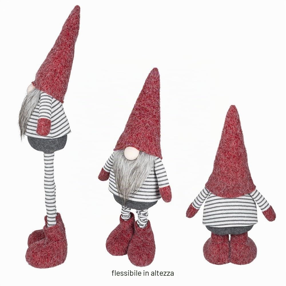 Ideen mit Herz | Gnomo decorativo con gambe telescopiche | Design a strisce | Dimensioni: 26 cm x 13 cm x 56 cm | Rosso-Grigio