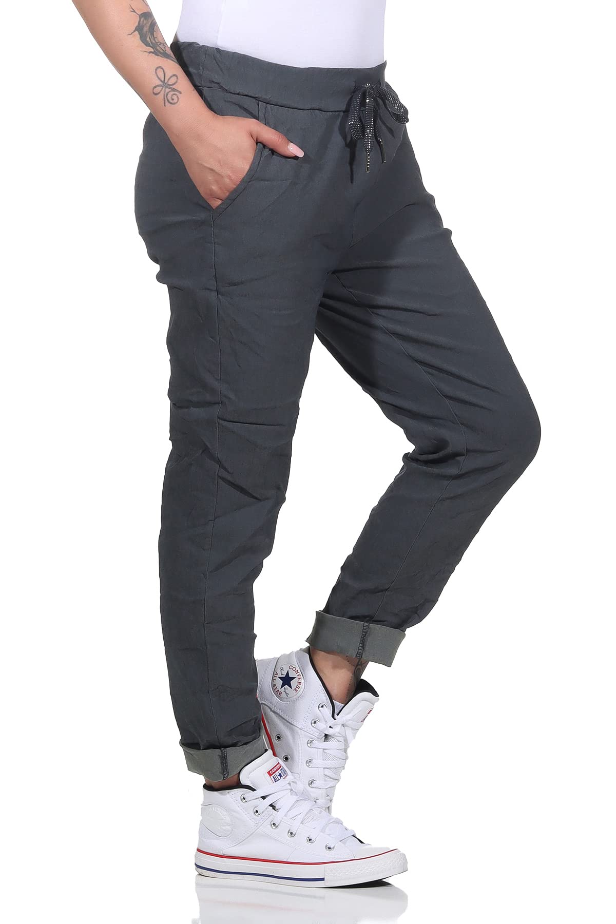 Pantaloni da jogging da donna in stile vintage, per tempo libero, sport e fitness 8115, grigio scuro, 46/50 IT